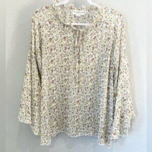Molly Bracken Boho Metallic Floral Sheer Mod Bell Sleeve Western Tassel Top